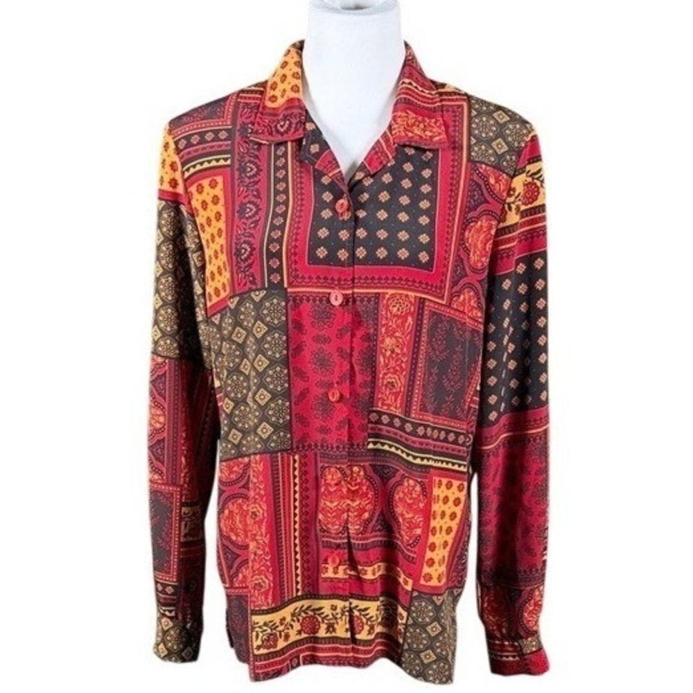 Blair Womens Patchwork Print Button Up Blouse Red Gold Black Long Sleeve Boho
